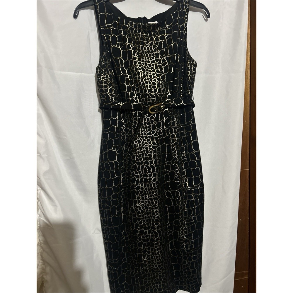 Vintage Cache Black Gold Giraffe Print Sheath Cocktail Dress Size 2
